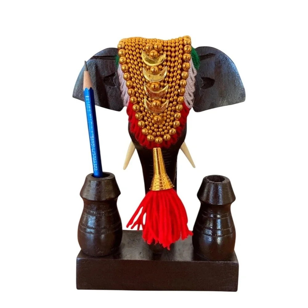 Handcrafted wooden elephant‎ head with nettipattam with pen holder Kerala 6